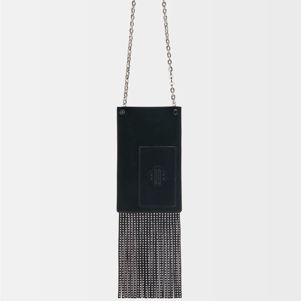 Maje Black Leather Fringe Chain Strap Phone Bag - Picture 2 of 5